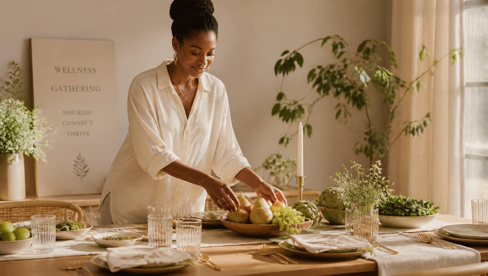 A Black woman arranging seasonal fruit on a warm wooden wellness table