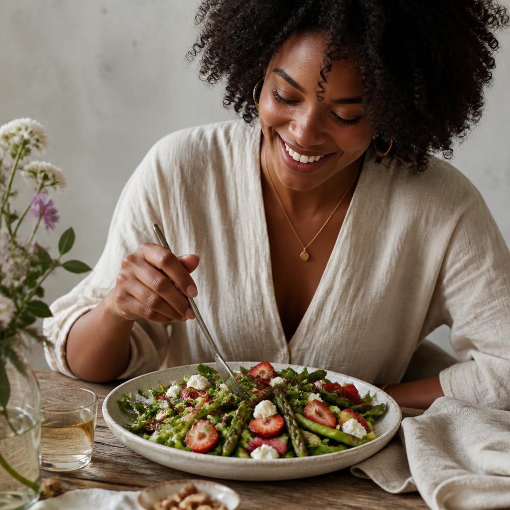 A smiling Black woman enjoying a vibrant spring salad